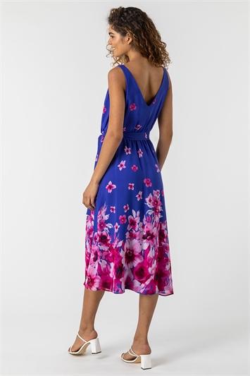 Blue Floral Print Belted Midi Dress, Image 2 of 5