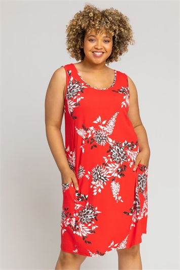 Red Curve Floral Print Swing Dress