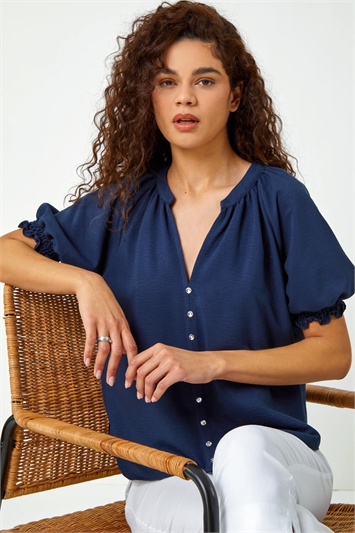 Multi Puff Sleeve Button Detail V-Neck Blouse