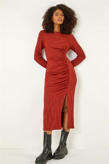 Red Textured Ruched Stretch Midi Dress
