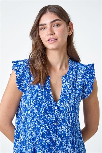 Blue Floral Print Frill Sleeve Top