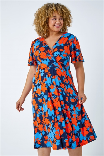 Orange Curve Floral Print Midi Wrap Dress