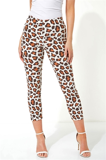 Animal Print 3/4 Length Stretch Trousers in Tan - Roman Originals UK