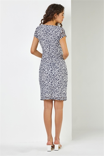 Navy Floral Print Stretch Lace Dress, Image 3 of 4