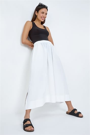 White Elastic Waist Cotton Poplin A Line Pocket Skirt