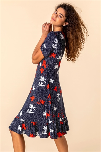Navy Floral Spot Print Frill Stretch Dress, Image 3 of 4