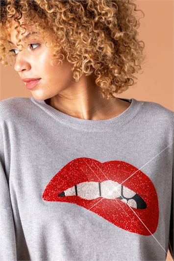 Grey Diamante Embellished Lips Jumper, Image 4 of 4