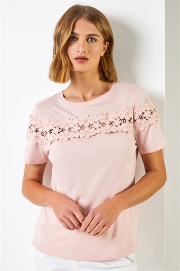 Pink Lace Detail Jersey T-Shirt