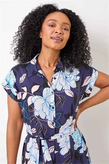 Navy Petite Floral Print Belted Shirt Dress, Image 4 of 4