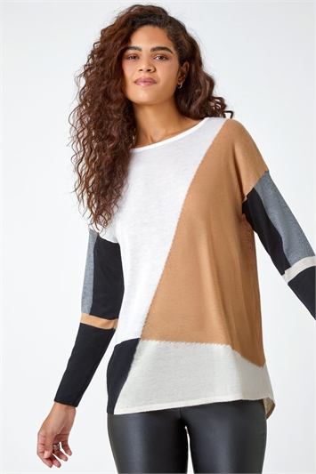 Brown Colour Block Knitted Jumper