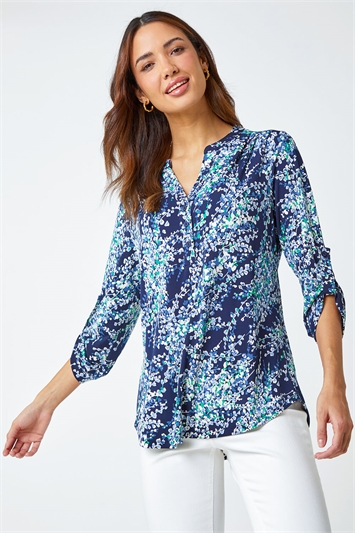 Green Textured Floral Print Relaxed Shirt