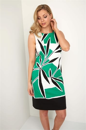 Leaf Print A Line Cotton Dress in Emerald - Roman Originals UK