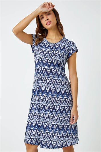 Blue Aztec Print Textured Stretch Dress