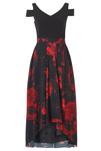 Floral Print Cold Shoulder Maxi Dress in Black - Roman Originals UK