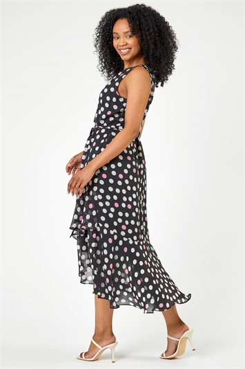 Black Petite Spot Print Frill Trim Dress, Image 2 of 5