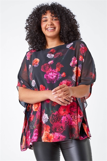 Pink Curve Floral Print Chiffon Overlay Top