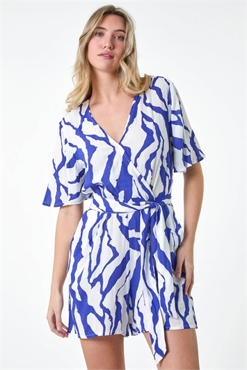 Blue Animal Print Belted Wrap Playsuit