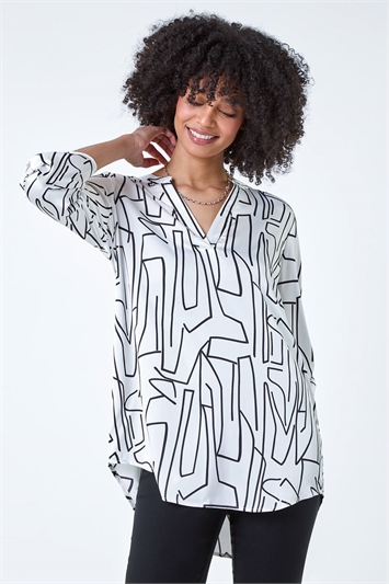 White Abstract Print Longline Top