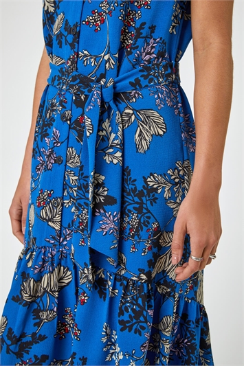 Blue Floral Print Dipped Hem Dress, Image 5 of 5
