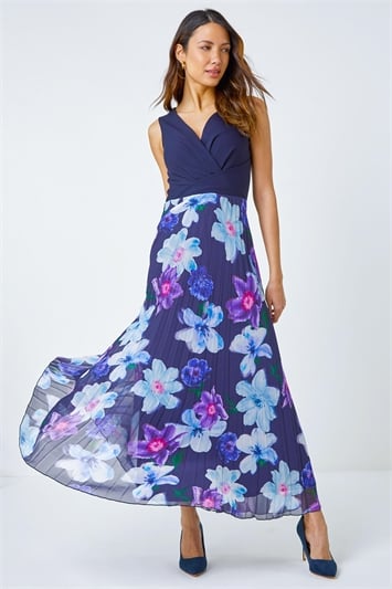 Blue Floral Print Pleated Maxi Dress