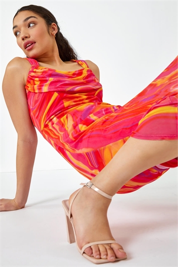 Pink Swirl Print Ruched Stretch Dress