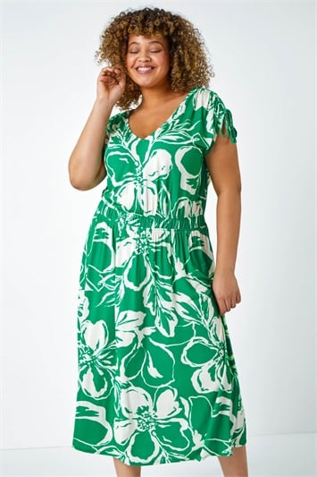 Green Curve Floral Print Ruched Stretch Midi Dress