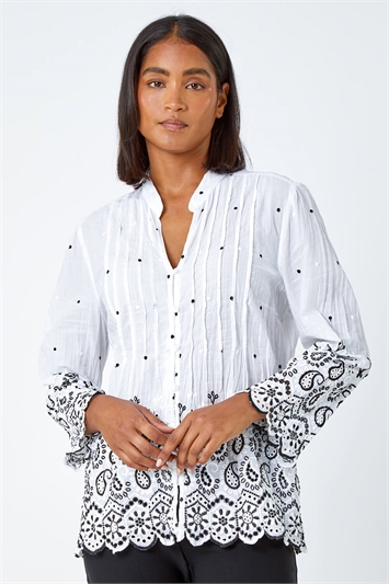 White Cotton Paisley Embroidered Blouse