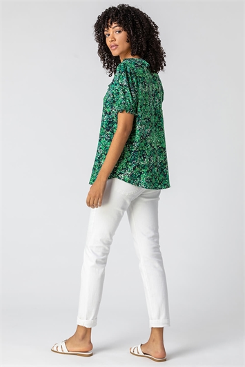 Green Floral Print Frill Detail Blouse, Image 2 of 5