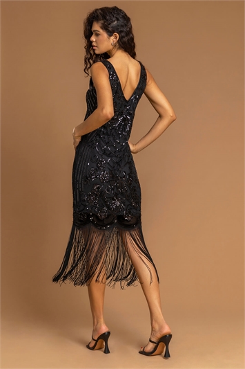 Black Sequin Fringe Hem Flapper Dress, Image 2 of 4