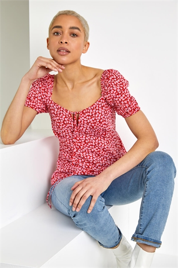 Red Ditsy Floral Tie Neck Peplum Top, Image 5 of 5