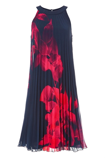 Navy Floral Pleated Swing Dress, Image 5 of 5