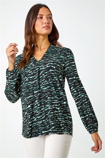 Green Wave Print Pleated V-Neck Stretch Top