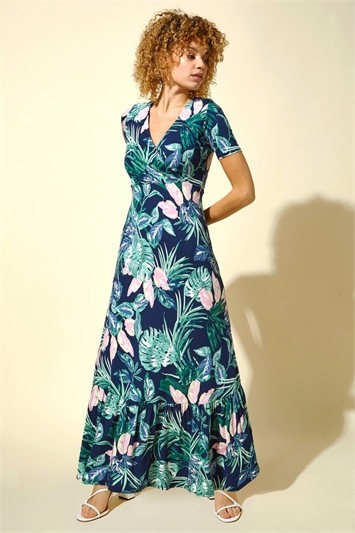 Green Tropical Floral Print Maxi Dress