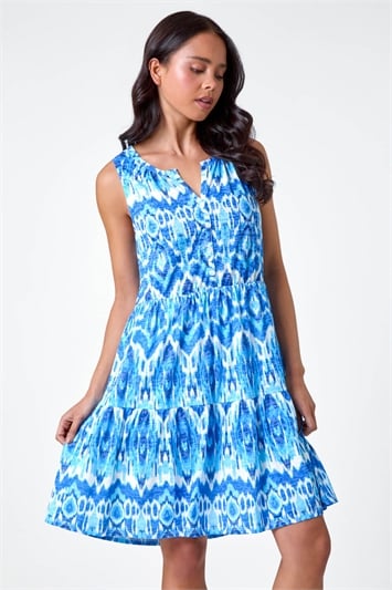 Blue Petite Aztec Print Button Front Dress