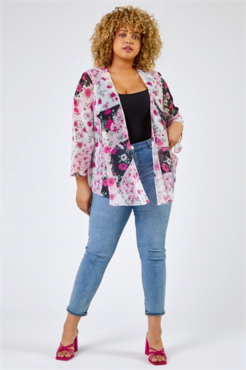 Pink Curve Patchwork Floral Print Kimono, Image 3 of 5