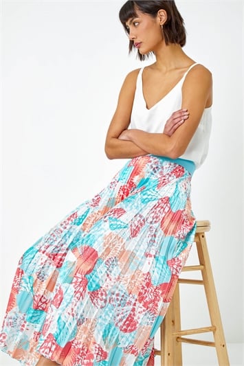 Blue Seashell Print Pleated Maxi Skirt