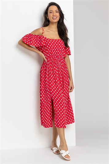 Red Spot Print Cold Shoulder Midi Dress, Image 3 of 4
