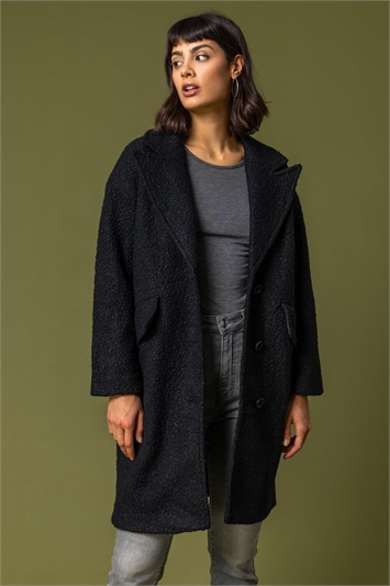 Black Single Breasted Longline Textured Coat, Image 1 of 5