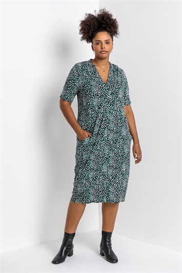 Green Curve Abstract Spot Print Pocket Dress, Image 4 of 4
