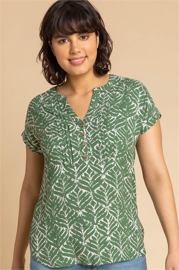Khaki Abstract Print Button Detail Top, Image 1 of 4