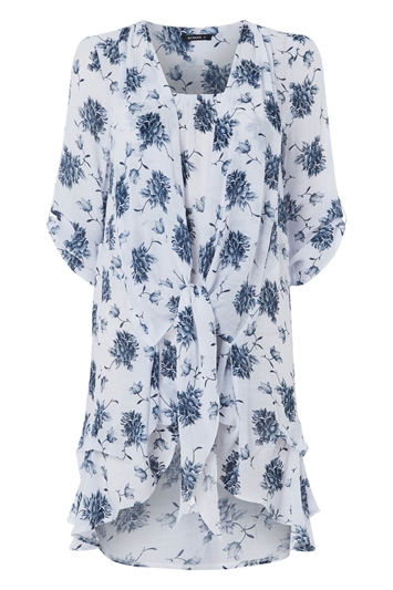Blue Floral Print Crinkle Tunic Top, Image 4 of 4