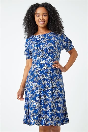 Blue Petite Shirred Sleeve Floral Dress