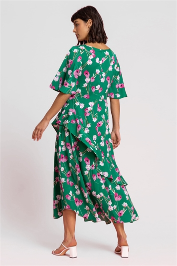 Green Floral Print Chiffon Midi Dress, Image 2 of 4
