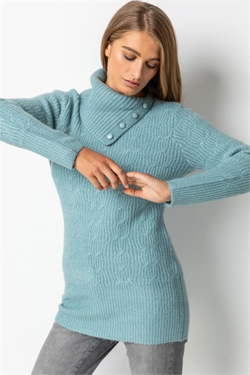 Steel Blue Cable Knit High Neck Jumper, Image 5 of 5