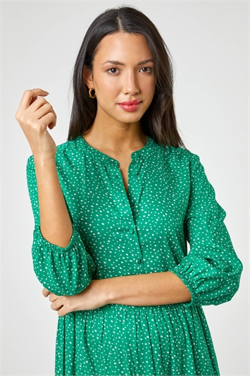 Green Spot Print Tiered Button Midi Dress, Image 4 of 5