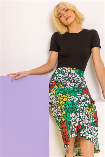 Multi Contrast Floral Print Midi Skirt, Image 4 of 4
