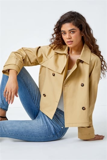 Cream Cotton Blend Cropped Stretch Trench Coat