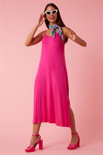 Pink Plain Stretch Jersey Pocket Midi Dress