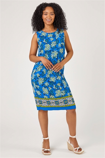 Blue Petite Border Floral Print Shift Dress, Image 2 of 5