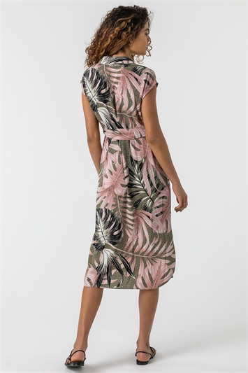 Khaki Palm Leaf Animal Print Shirt Dress, Image 2 of 5